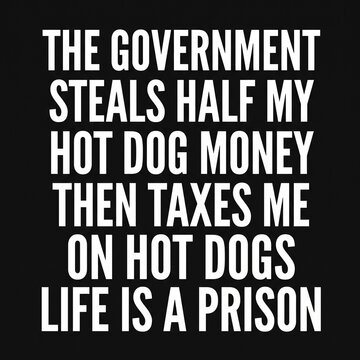 Funny typography graphic design complaining about taxes and the government stealing hot dog money, humorous libertarian anti-tax quote for print on demand apparel