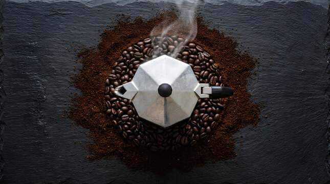 Moka pot on dark textured surface.