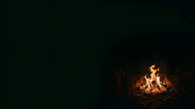 Close up of a crackling campfire with glowing orange and yellow flames on burning wood dark night background outdoor fire pit with sparks flying