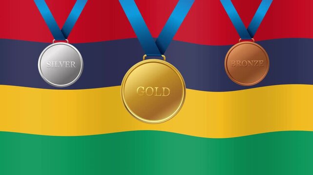 Gold Silver and Bronze Medals Dropping Over Waving Mauritius Flag
