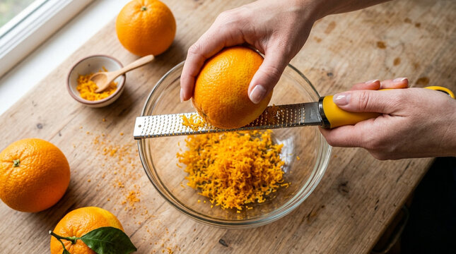 Hands zesting fresh orange peel for baking and cooking with grater over bowl