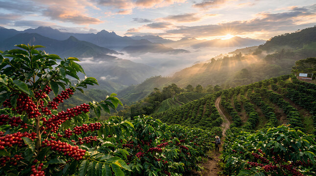 Misty coffee plantation at sunrise.