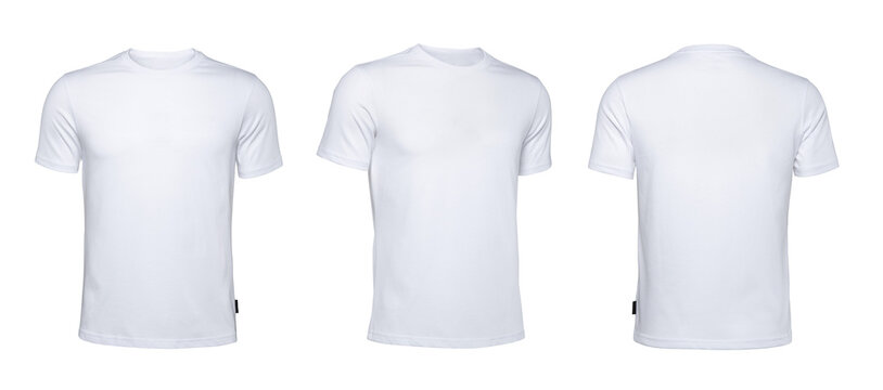 Blank white men t-shirt mockup set showing front angle and back view isolated on white background
