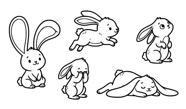 Adorable bunny character outline set with playful cartoon rabbit poses