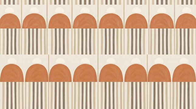 Rustic terracotta semicircle and vertical stripe seamless pattern background.