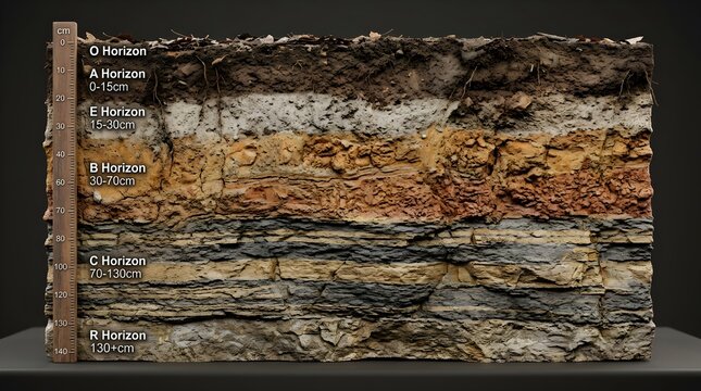 Soil horizons showing layers of earth composition in cross section with earth science composition sediment environment geological formation pedology landscaping stratigraphy research