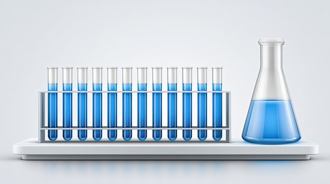 Test‑tube rack and erlenmeyer flask with blue liquid on light blue background, lab chemistry equipment, scientific research 3D render asset