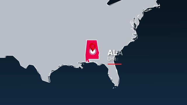 Alabama state location marker appearing on United States map animation footage