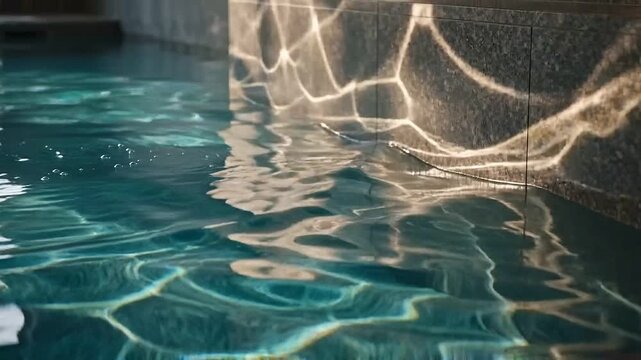 Luxury Swimming Pool Water Rippling with Sunlight Caustics Reflecting on Stone Wall, Close Up Static Shot