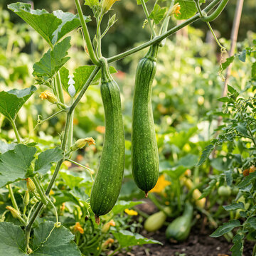 Pair of green zucchinis growing on vine in garden.
