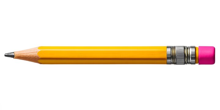 Horizontal yellow pencil with pink eraser on white background