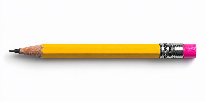 A yellow wooden pencil with a sharp graphite tip lies horizontally against a clean white background, featuring a pink eraser secured by a silver ferrule.