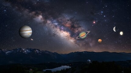Fototapeta premium Planets and milky way galaxy over mountains at night