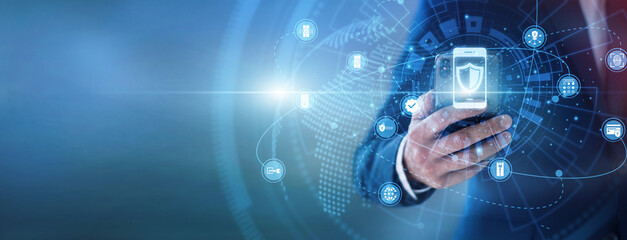 Analyst using hand hold mobile updating Mobile Security tools. They scan for malicious malware threats, check encryption keys, and protect device systems. Advanced digital defense stops leaks. © CyberFrame