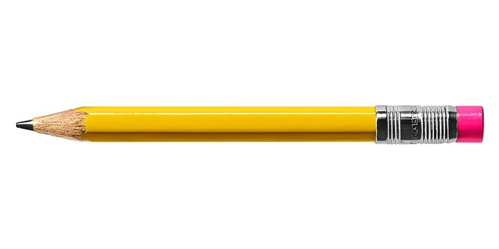 Yellow pencil with black graphite tip and pink eraser sits horizontally on white background.