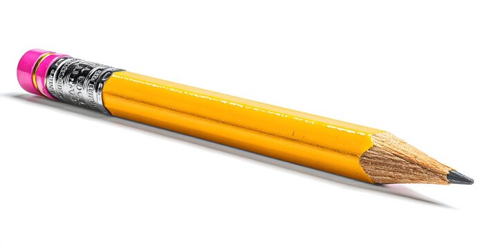 Yellow wooden pencil with pink eraser and metal ferrule isolated on white background