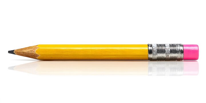 A yellow wooden pencil with a sharpened graphite tip and pink eraser sits horizontally on a white surface.