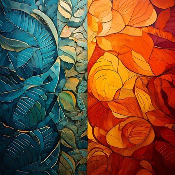 Abstract split composition featuring blue and warm orange leaf patterns.
