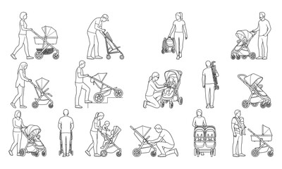 Fototapeta premium Parents caring for children with baby strollers and childcare equipment in monochrome line art