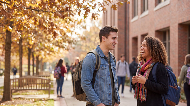 College students are walking and talking on an autumn campus path for back to school marketing