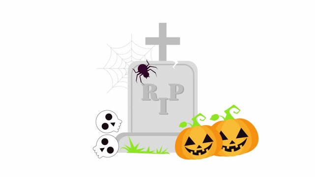 Halloween pumpkin lanterns with spooky graveyard icons and spiderweb on medical cross background