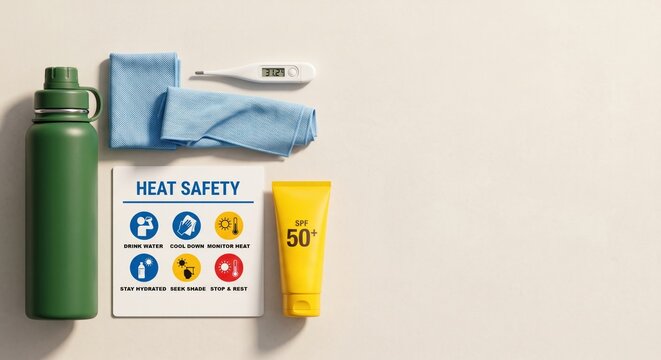 Heat safety equipment kit with water bottle thermometer sunscreen and guide on copy space background