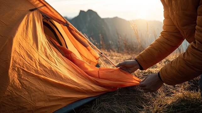 Hand Adjusting Tent Flap at Sunset in Mountain Landscape Setting