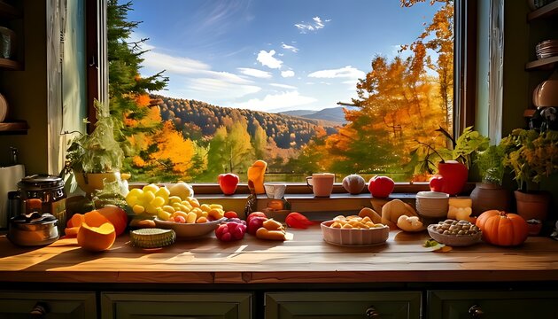 Autumn harvest scene on kitchen counter with window view of fall forest.