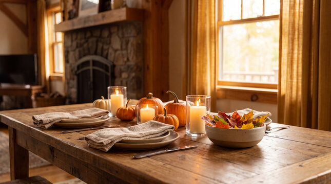 Autumn dining table setting with pumpkins, candles, linen napkins and fall leaf centerpiece is perfect for harvest dinner party invitations
