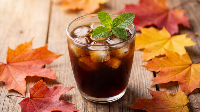 Iced cold brew coffee garnished with fresh mint and autumn leaves is ideal for National Coffee Day refreshing social media posts