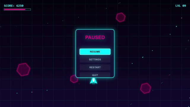 Retro pixel art space shooter game with pause effect gameplay