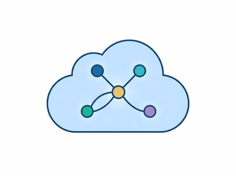 Digital network nodes connecting within a light blue cloud illustration, representing data synchronization and cloud computing services.