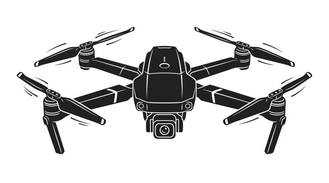 Quadcopter drone with video camera flying isolated black and white vector illustration