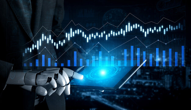 A close-up of a robotic hand interacting with a digital tablet displaying dynamic financial graphs, showcasing the integration of technology and data analysis in business. Scalp