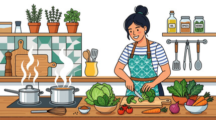 Young woman cooking healthy food in kitchen with fresh vegetables, pots, and herbs