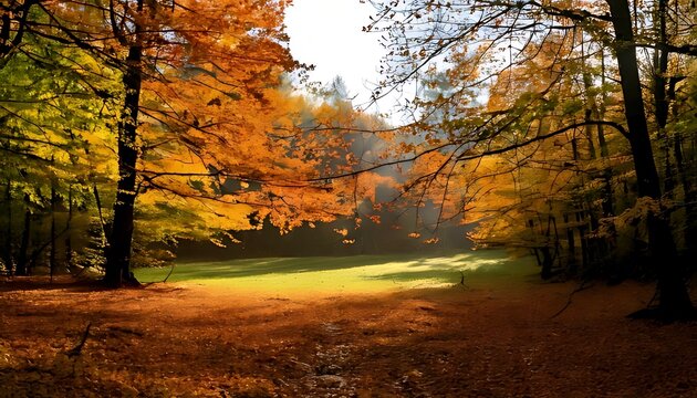 Beautiful autumnal forest glade with golden sunlight and fallen leaves.