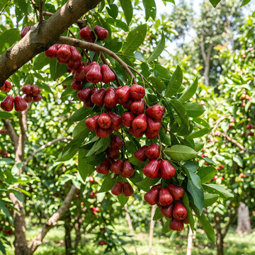 Ripe red wax apples hanging on tropical fruit tree.