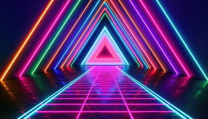 Naklejka premium Neon-lit abstract geometric tunnel with grid floor and triangle motif