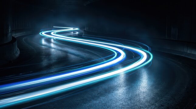 Abstract light trails flowing through a dark tunnel at night with long exposure motion blur., speed, blue light, transportation, highway, road, movement, glowing, dynamic, futuristic, travel, velocity