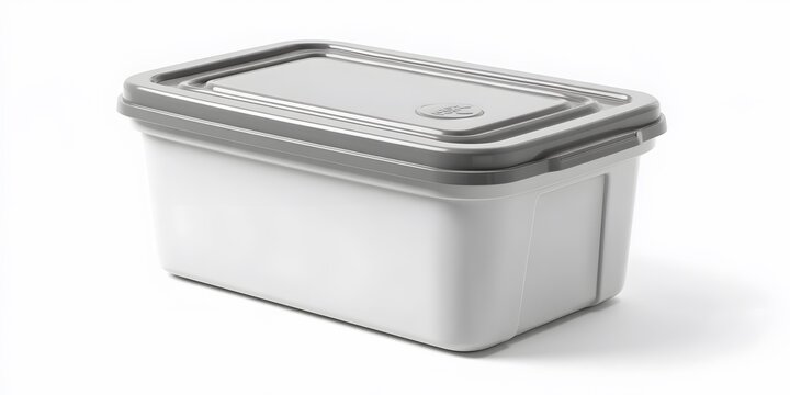 A white plastic food container with a secure gray snapon lid rests on a plain white surface.