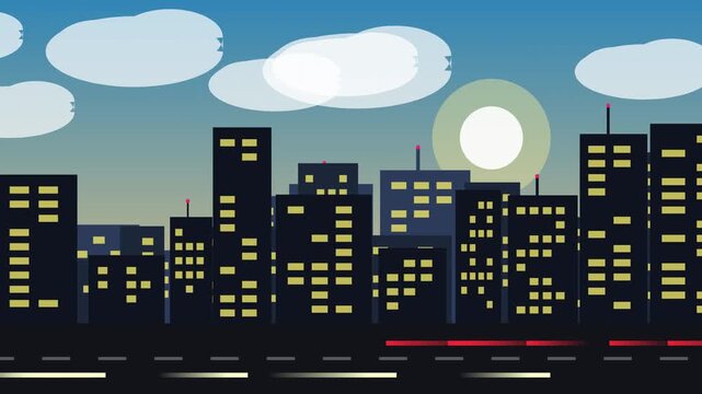 Pause effect in a pixel art city skyline animation during night