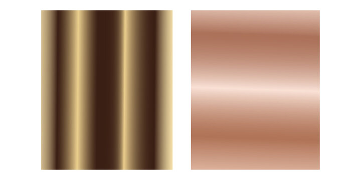 Gold, bronze and pink gold foil texture gradation swatch set. Vector golden elegant, shiny and metalic gradient template for border design, frame, ribbon, label. Rose gold, copper background