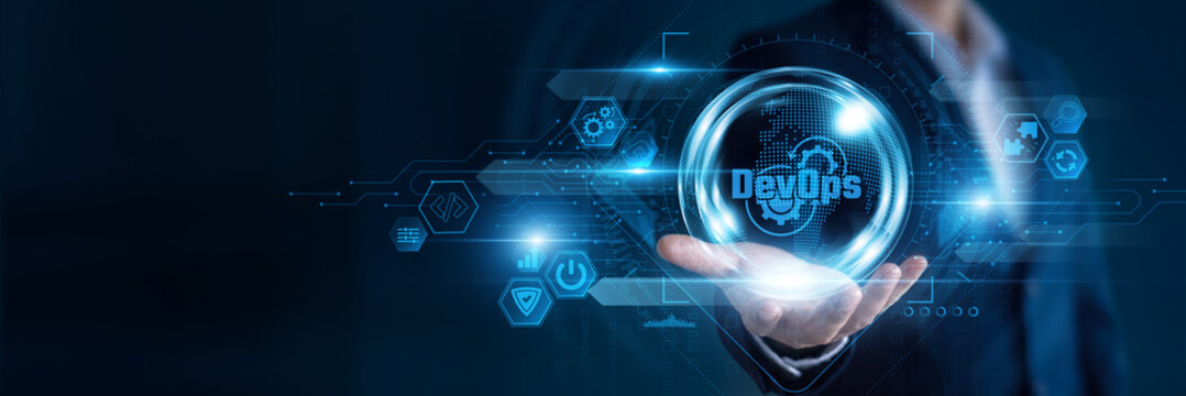 Businessman hand hold DevOps and global networking data, accelerating software delivery, improving team collaboration, automating workflows, supporting continuous integration.