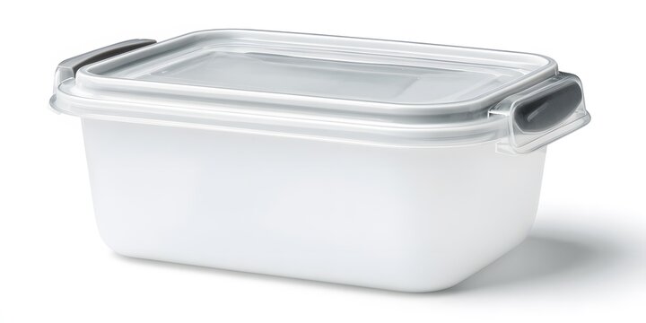 Clear plastic storage container with gray latches on white background