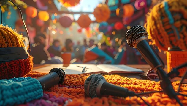 Close up of microphones on a textured surface with a blurred festival background.