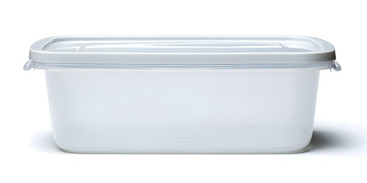 Translucent plastic food container with secure lid on white background