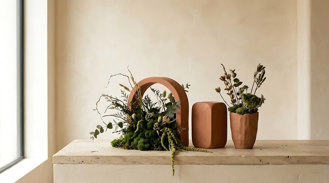 Modern wooden decor with green plants on a window ledge