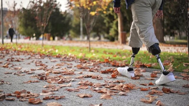 Person with bilateral leg prosthetics walking on autumn path in city park.