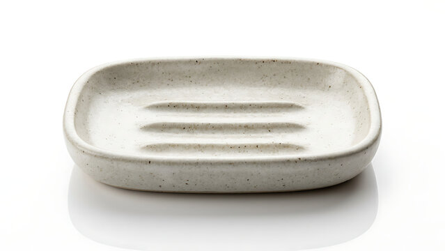 Minimalist speckled ceramic soap dish isolated on white