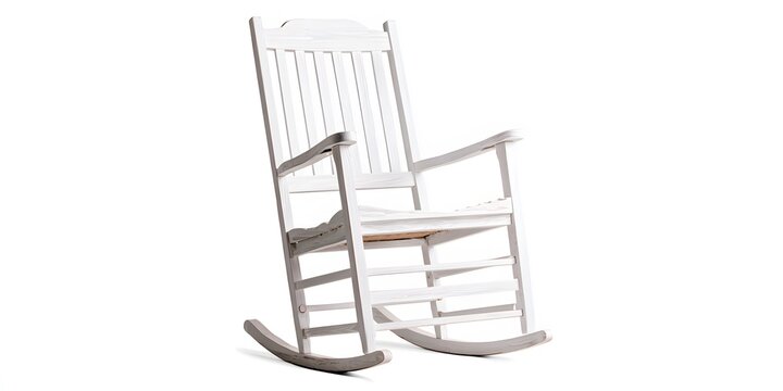 White wooden rocking chair stands isolated on plain white background with vertical slats and curved runners.